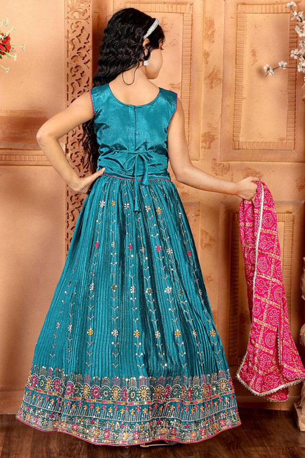 Turquise Blue Kids Lehenga Choli with Multicolor Embroidery