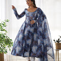 Blue Multicolor Marble Print Organza Silk Floral Anarkali Suit | Ready to Wear
