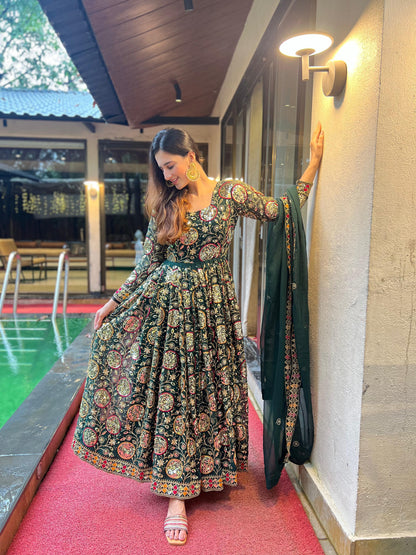 Green Designer Georgette Sequin Embroidery Anarkali Suit Set