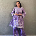 Purple  Premium Lucknowi Chikankari Lace Printed Mal Mal Bell Sleeves Co-Ord Gharara Set