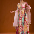 Designer Digital Print Floral Anarkali Gown with Mirror Work Dupatta