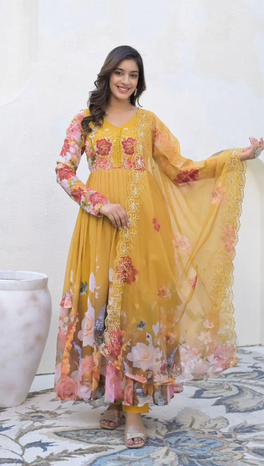 Yellow Enchanting Floral Georgette Gown & Pant Set with Embroidered Dupatta