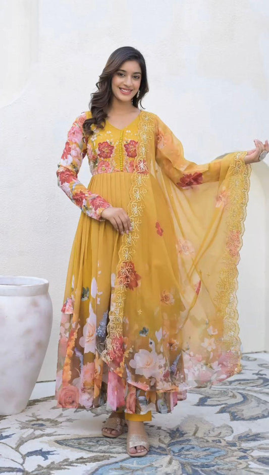 Yellow Enchanting Floral Georgette Gown & Pant Set with Embroidered Dupatta