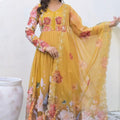 Yellow Enchanting Floral Georgette Gown & Pant Set with Embroidered Dupatta