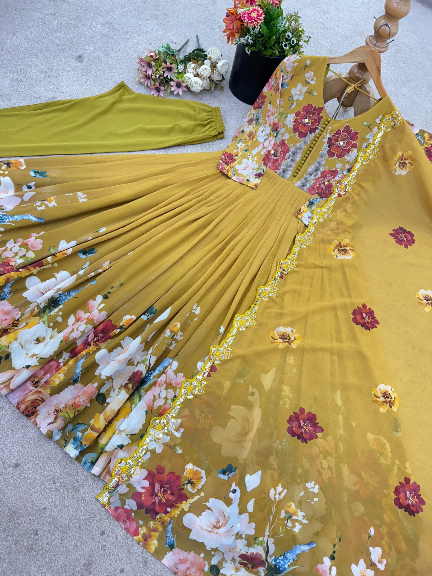 Yellow Enchanting Floral Georgette Gown & Pant Set with Embroidered Dupatta