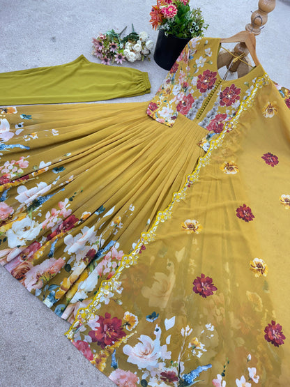 Yellow Enchanting Floral Georgette Gown & Pant Set with Embroidered Dupatta