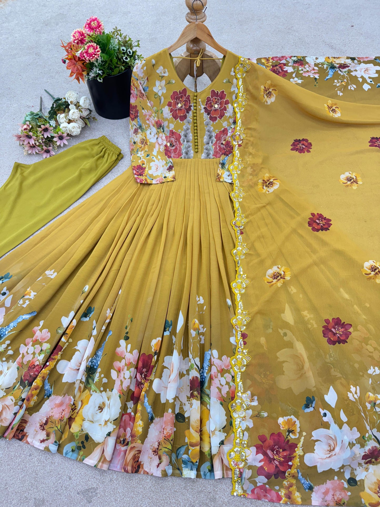 Yellow Enchanting Floral Georgette Gown & Pant Set with Embroidered Dupatta