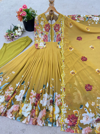 Yellow Enchanting Floral Georgette Gown & Pant Set with Embroidered Dupatta