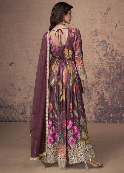 Wine Zari Embroidered Anarkali Gown with Digital Print & Net Dupatta