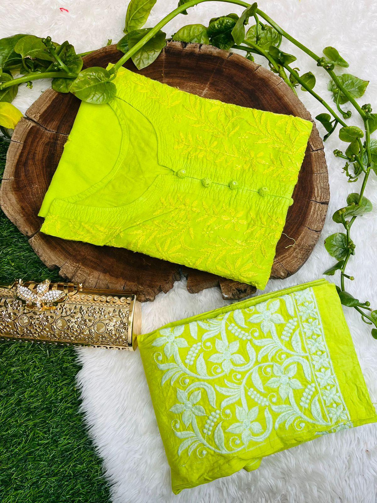 Flourescent Green Graceful Cotton Chikankari Work Set: Kurti + Pant up to 6 XL ++ Sizes - Inayakhan Shop 