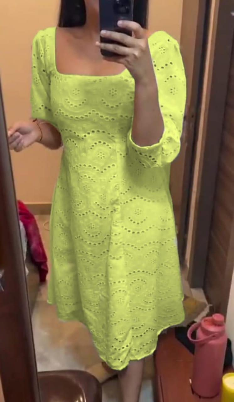 Fluorescent Green Chikankari Pakistani Royal Hakuba Designer Ready to Wear One Piece Tunic Dress - Inayakhan Shop 