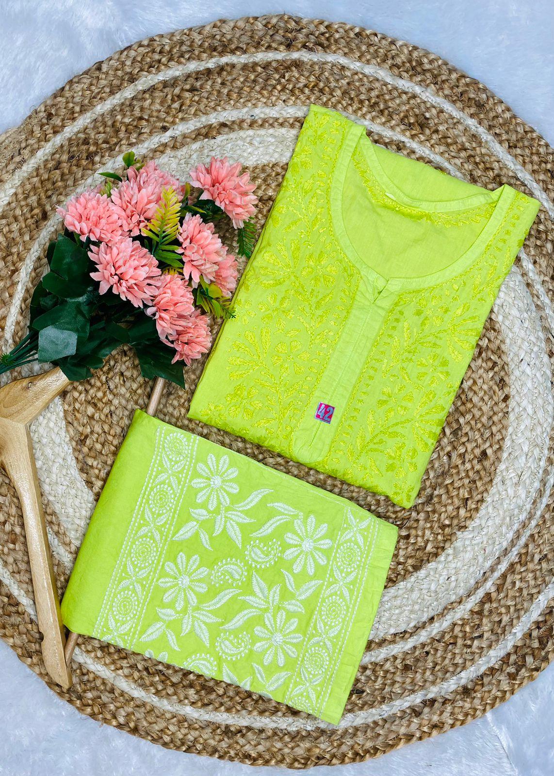 Fluorescent Green Rose Elegance Chikankari Cotton Kurti & Coordinated Set ++ Sizes available - Inayakhan Shop 