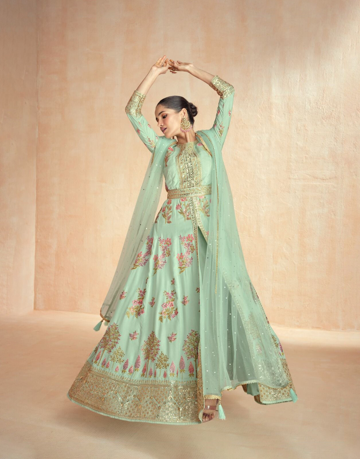 Pista Green Anarkali Front Slit Salwar Suit Set with Dupatta