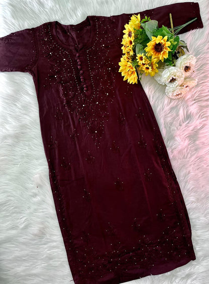 Coffee Brown Lucknowi Chikankari Dobby Cotton Kurti Set with Mukaish Work