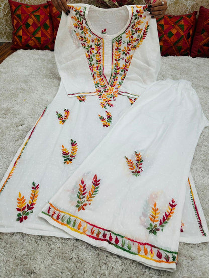 Fusion Elegance: Lucknowi Embroidered Dobby Cotton Kurta Set - Inayakhan Shop 