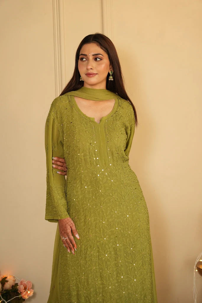 Olive Green Ethereal Chikankari & Mukaish Work Ensemble