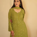 Olive Green Ethereal Chikankari & Mukaish Work Ensemble