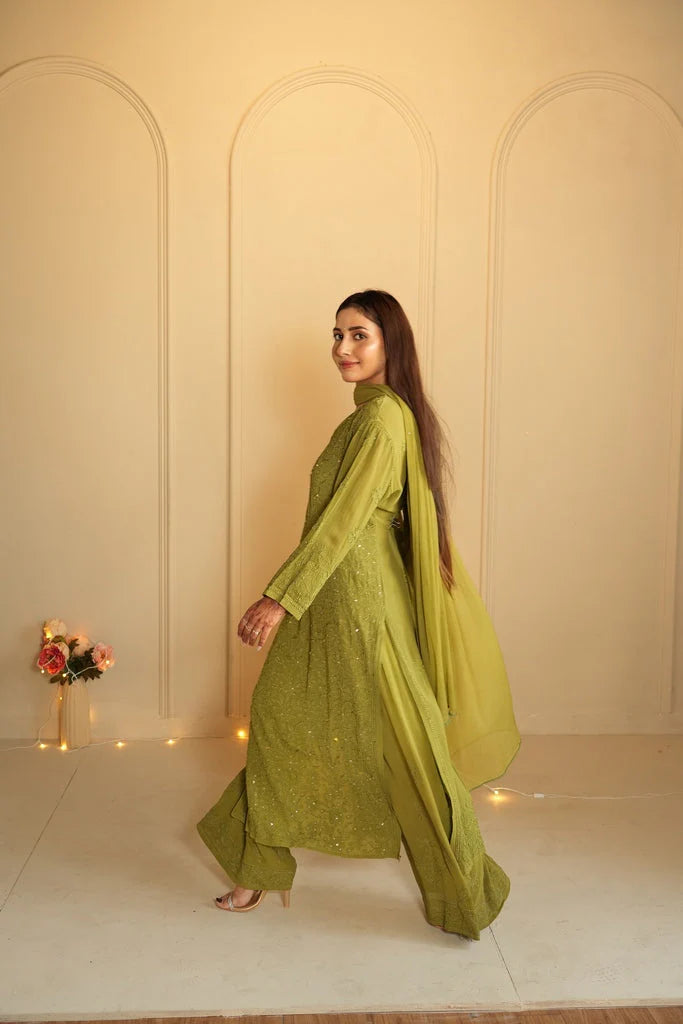 Olive Green Ethereal Chikankari & Mukaish Work Ensemble