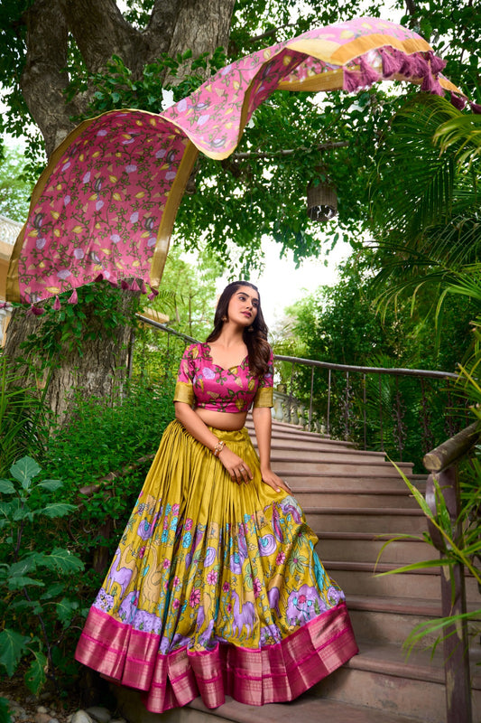 Pink Olive Kalamkari Dola Silk Chaniya Choli for Garba and Navratri