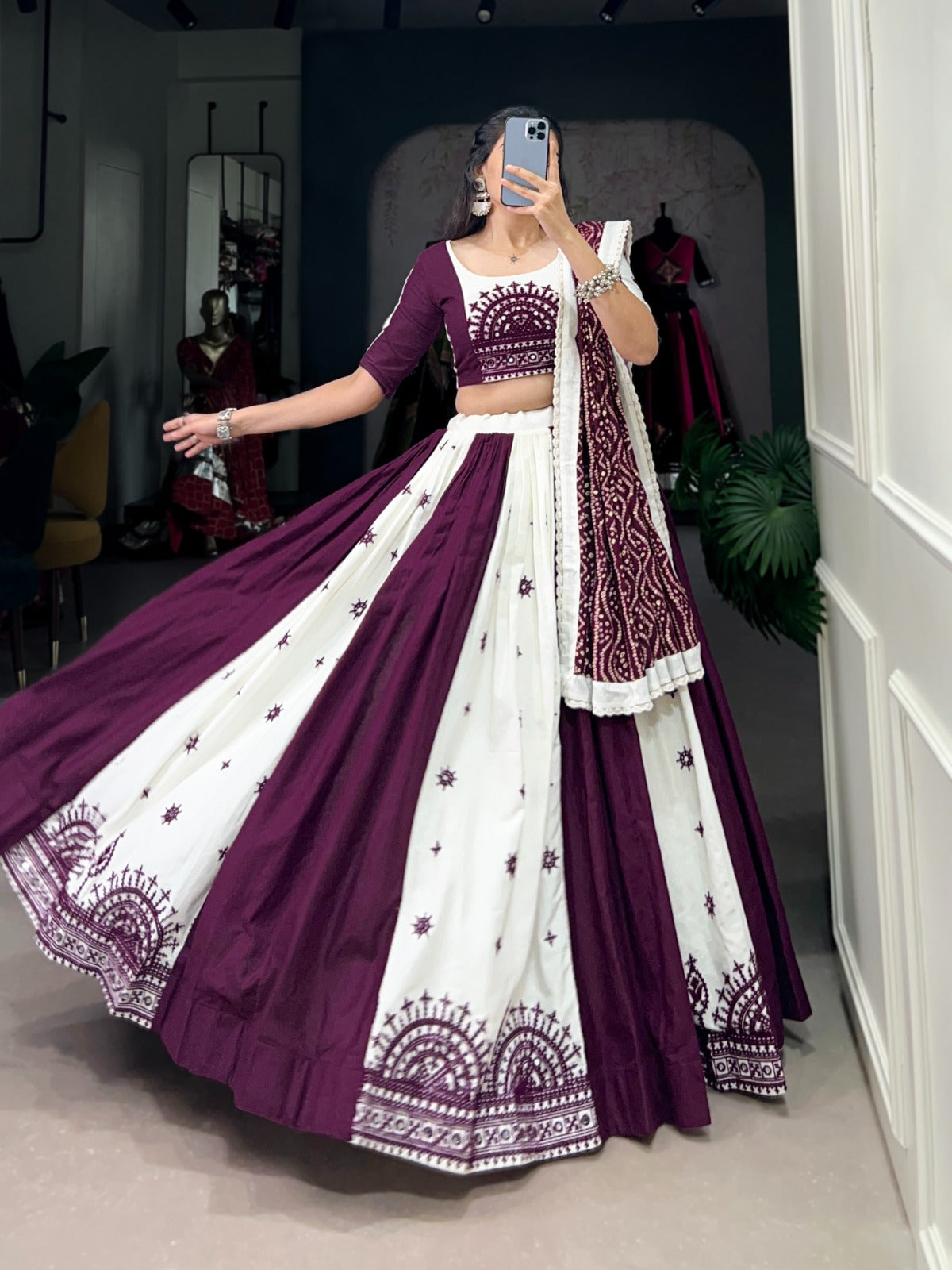 Navratri Garba Wine and White Chaniya Choli Set with Mirror and Gamthi Work