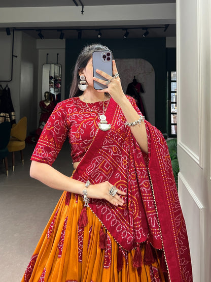 Orange Bandhej Navratri Garba Chaniya Choli with Dupatta