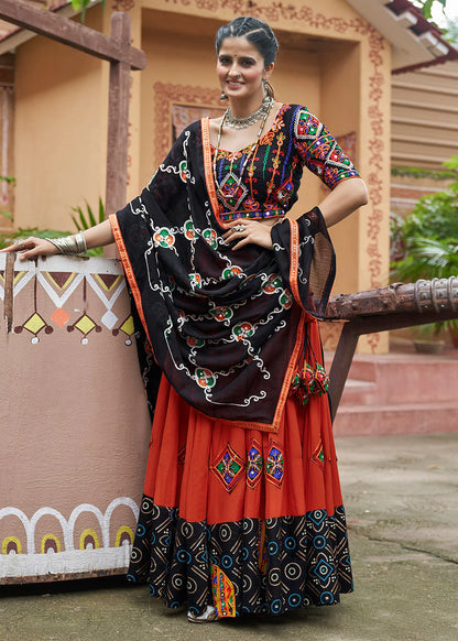 Brick Red and Black Viscose Rayon Navratri Garba Chaniya Choli with Dupatta