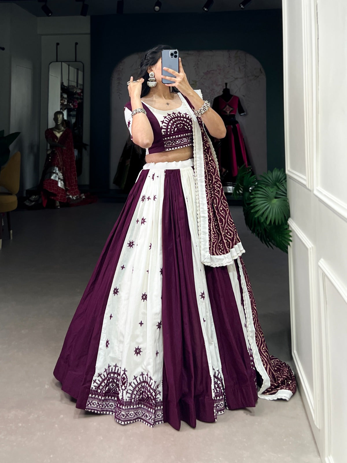 Navratri Garba Wine and White Chaniya Choli Set with Mirror and Gamthi Work