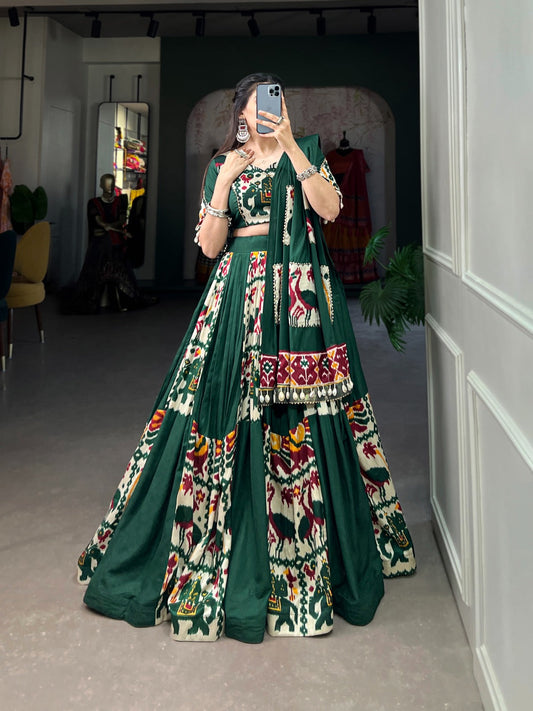 Green Exquisite Rayon & Printed Silk 6 meter Flair Chaniya Choli for Garba Navratri