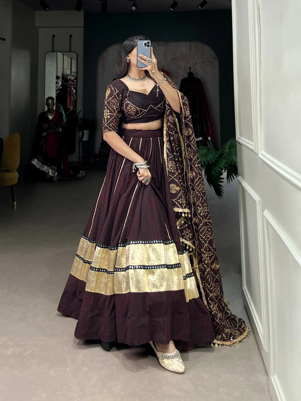 Coffee Brown Georgette Garba Choli with Bandhej Print and 8-Meter Flair