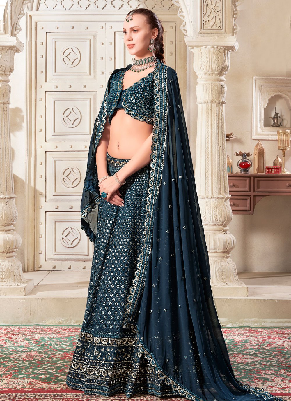 Crystal Teal Blue Glamorous Georgette Lehenga Choli with Embroidery and Sequins