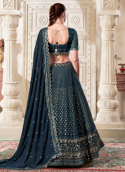 Crystal Teal Blue Glamorous Georgette Lehenga Choli with Embroidery and Sequins