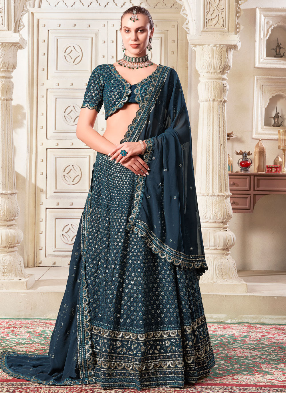 Crystal Teal Blue Glamorous Georgette Lehenga Choli with Embroidery and Sequins