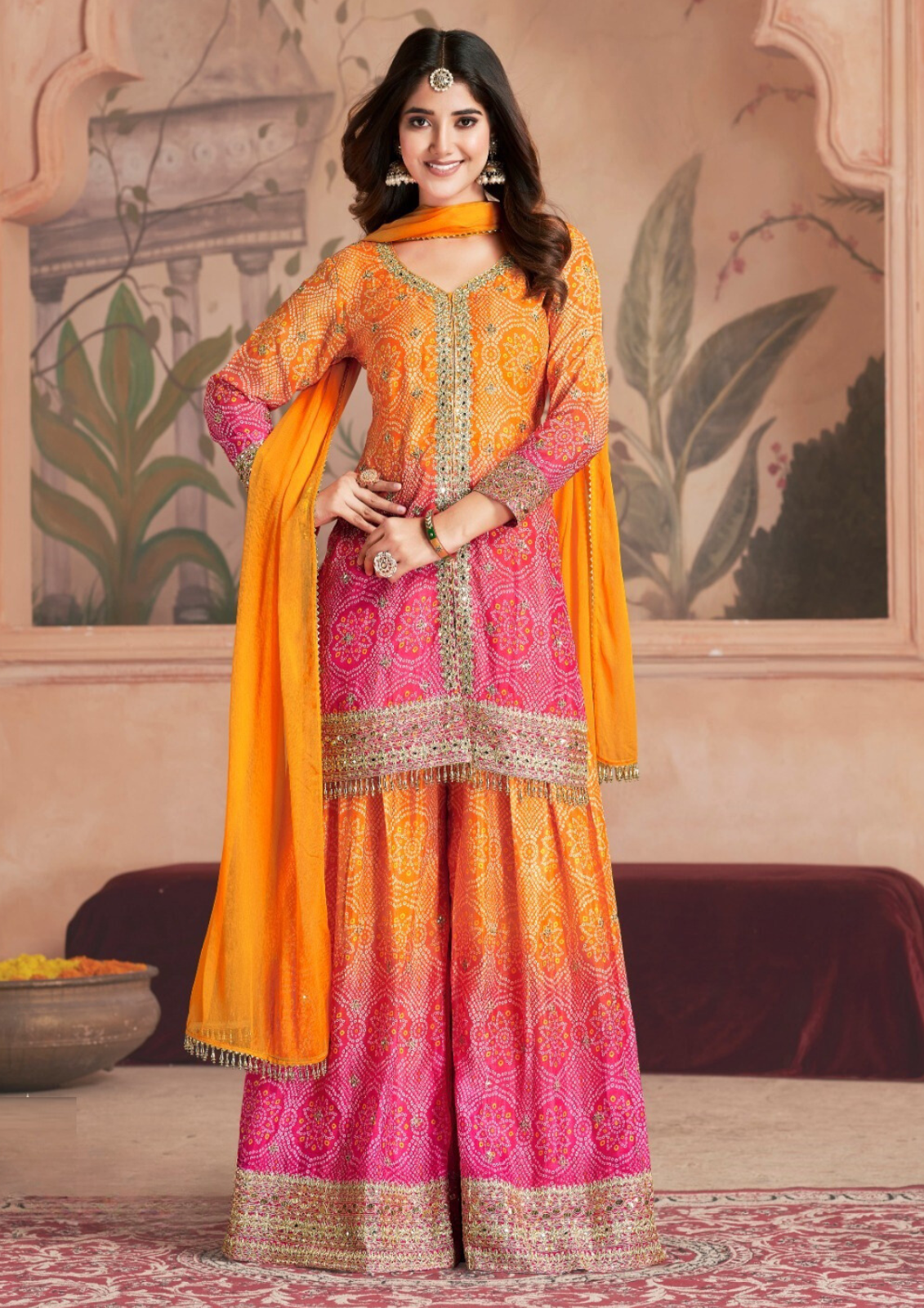 Orange Plus Size Premium Bandhani Print Silk Gharara Suit with Dupatta