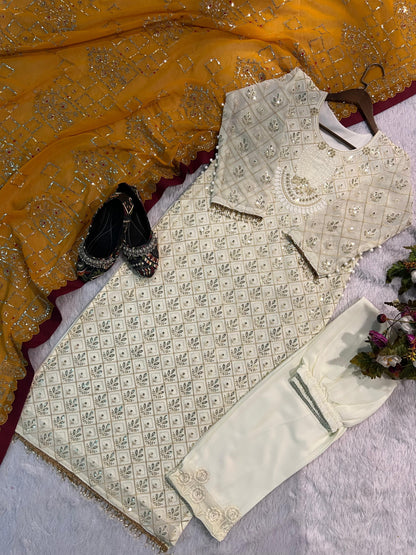 Glittering Charm: Pakistani Styke Georgette Sequined Embroidered Top and Pant Set with Gold Orange Dupatta - Inayakhan Shop 