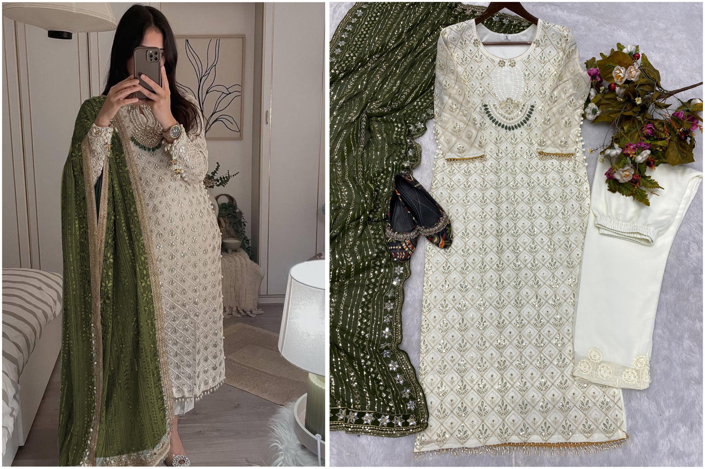Glittering Charm:Pakistani Style Georgette Sequined Embroidered Top and Pant Set with Olive Dupatta - Inayakhan Shop 