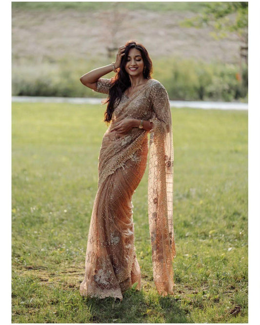 ✨ Golden Glamour Soft Net Prestitched Saree Set ✨ - Inayakhan Shop 