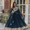 Dark Peacock Blue Stunning Party Wear Anarkali Gown with Zari Sequins Work & Dupatta
