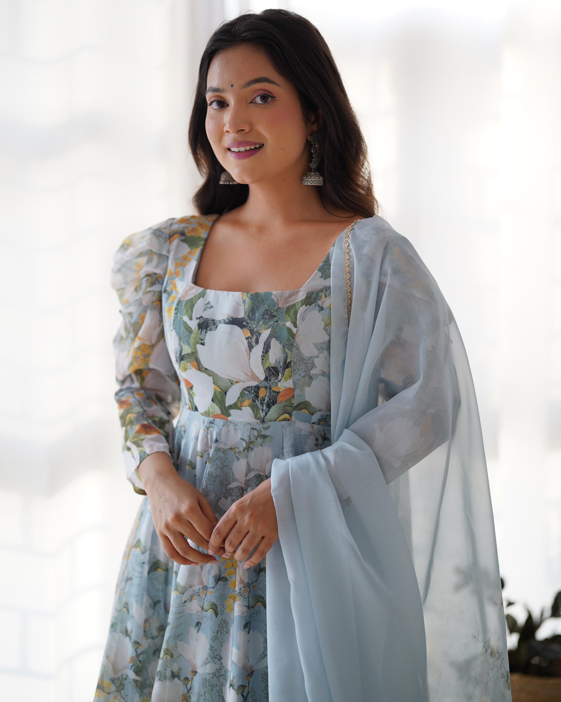 Green Anya: Summer Floral Indian Organza Gown Set 40 / Green / Silk Green Anya: Summer Floral Indian Organza Gown Set 40 / Green / Silk