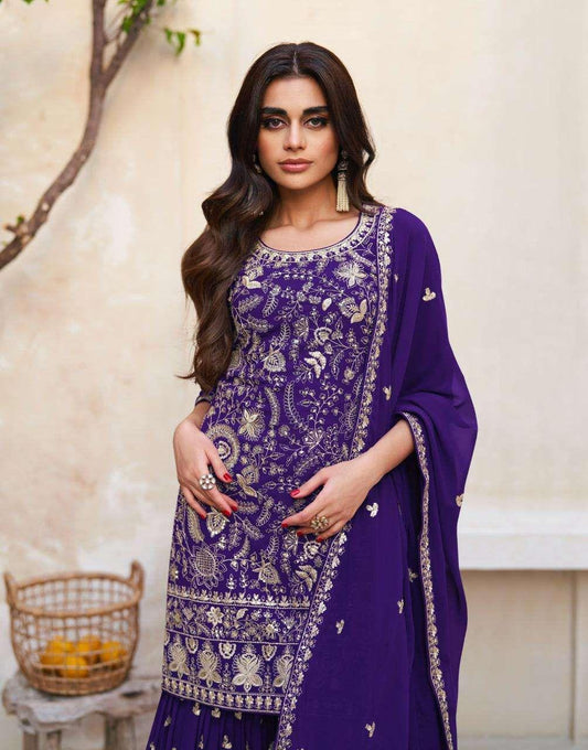 Graceful Purple Charm Pakistani Kurta Sharara Dupatta Set - Inayakhan Shop 