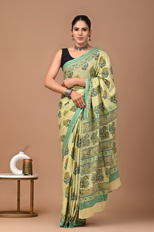 Light Green Leafy Ajrakh Cotton Mul Handblock Print Saree with Ready-to-Wear Blouse Set