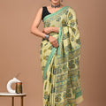 Light Green Leafy Ajrakh Cotton Mul Handblock Print Saree with Ready-to-Wear Blouse Set