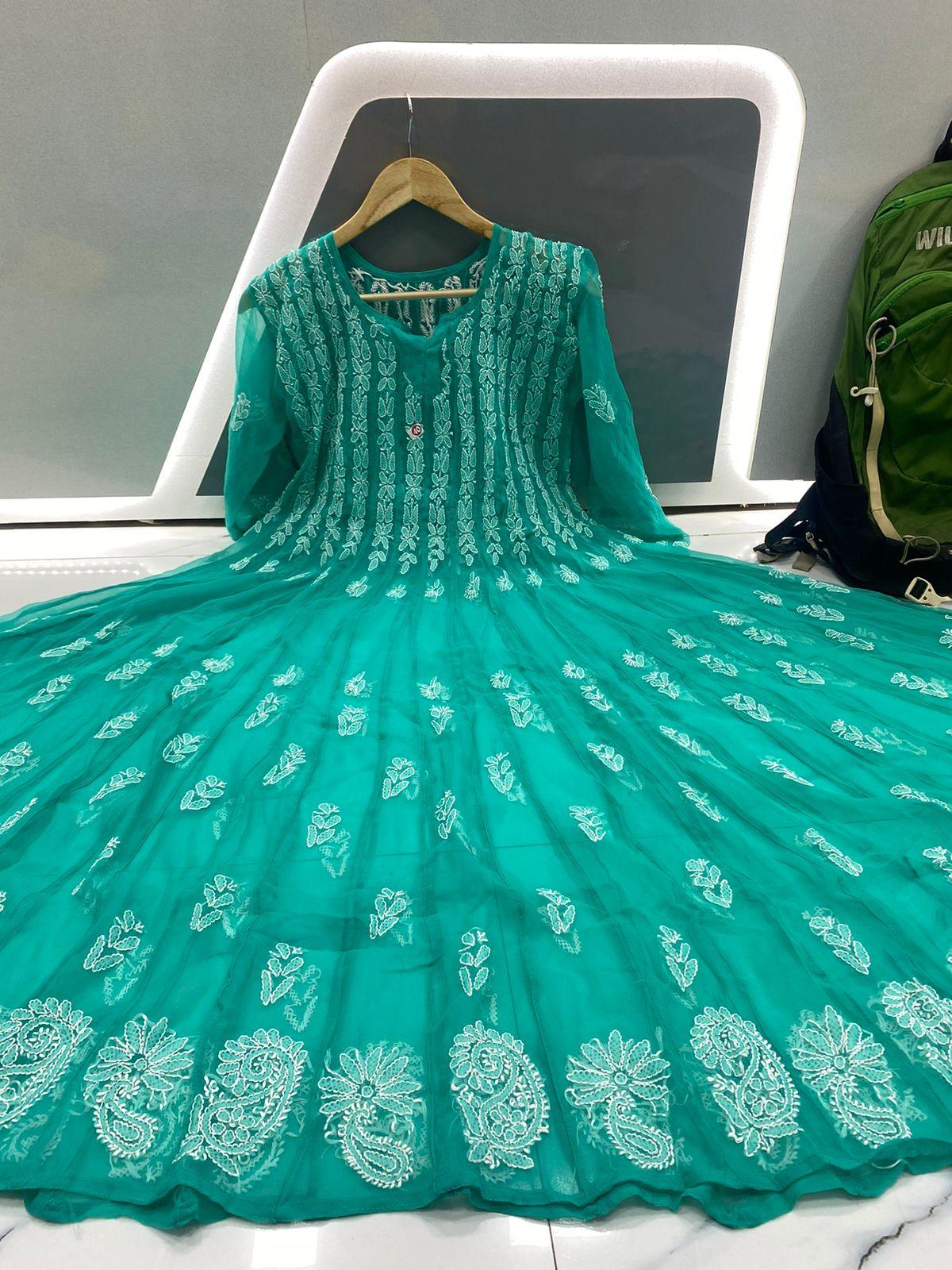 Green 56" Kali Chikankari Anarkali with Inner - Inayakhan Shop 