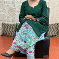Green & Blue Elegant Phulkari Patiala Salwar & Chikankari Kameez Set