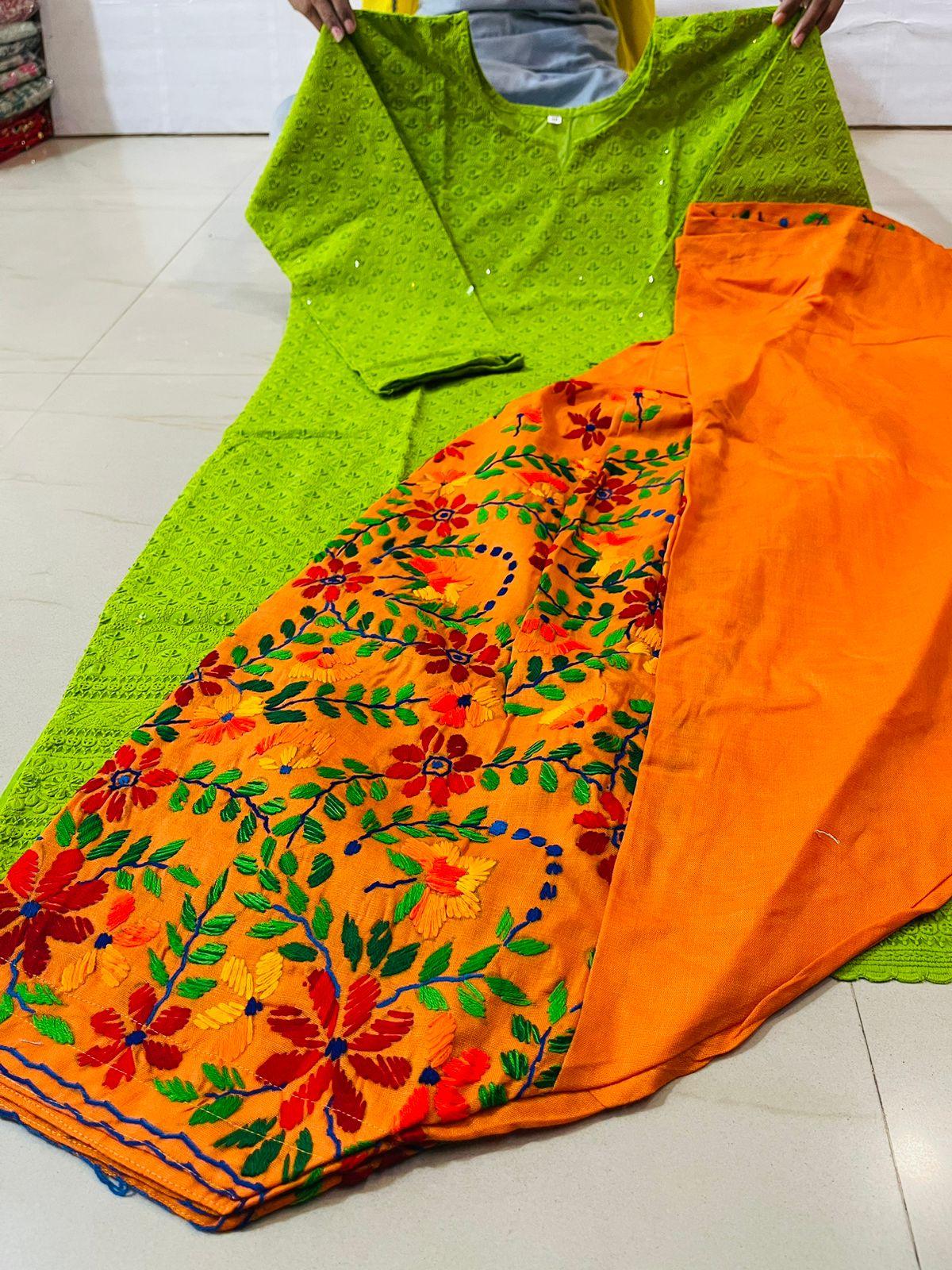 Green and Orange Sequined Splendor Chikankari Kurti and Patiala Salwar Set - Inayakhan Shop 