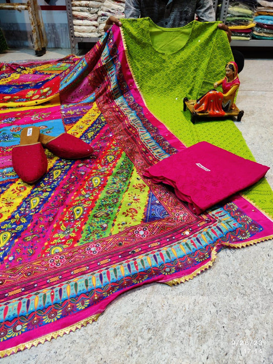 Green & Pink Elegant Chikankari Kurti, Palazzo, and Pakistani Dupatta Set - Inayakhan Shop 