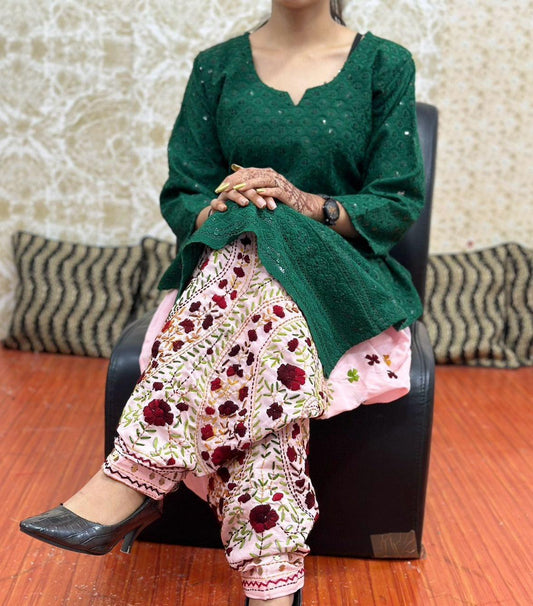 Green & Pink Elegant Phulkari Patiala Salwar & Chikankari Kameez Set - Inayakhan Shop 