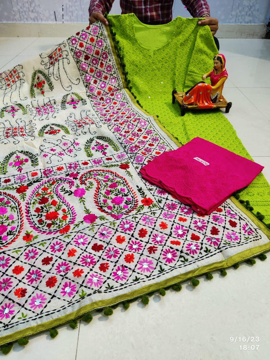 Green & Pink Handmade Mirror Work Raw Silk Pom Pom Dupatta Set - Inayakhan Shop 