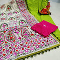 Green & Pink Handmade Mirror Work Raw Silk Pom Pom Dupatta Set