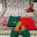 Green and red Silken Reflections Ensemble 4 Pc With Jutti , Chikankari Kurti Pallazo and Elegant Mirror work Dupatta