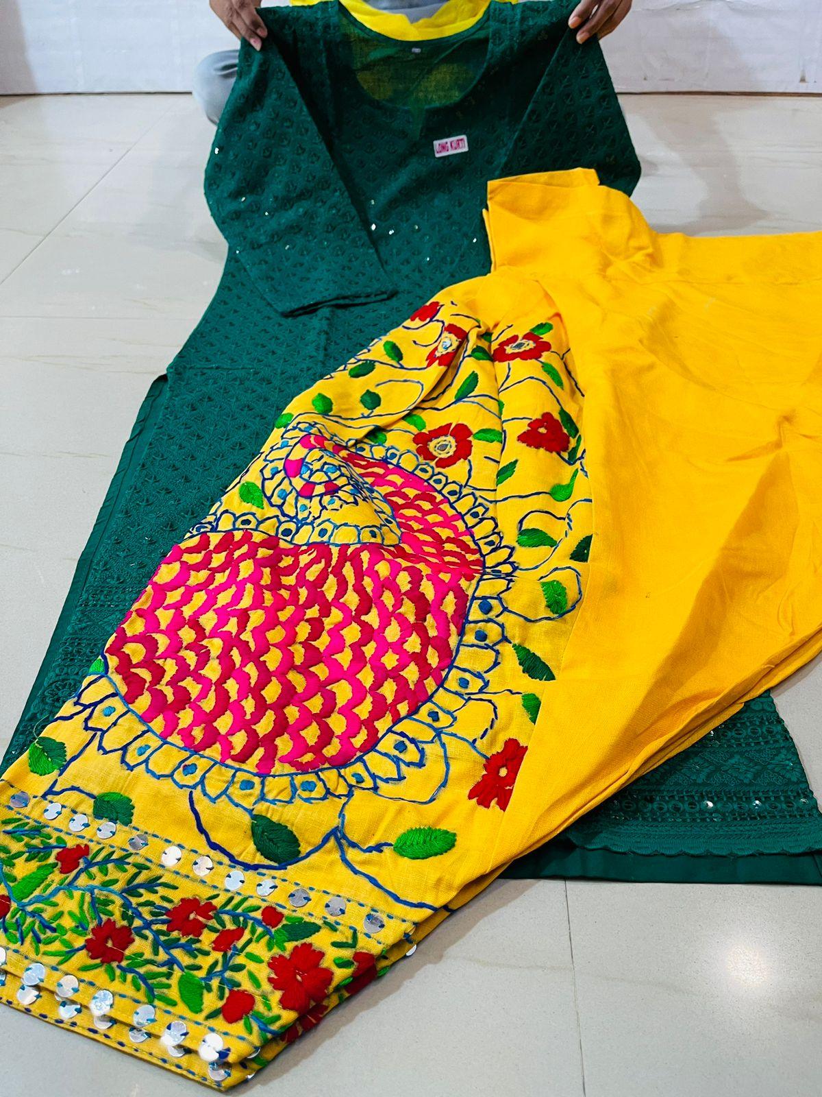 Green and Yellow Sequined Splendor Chikankari Kurti and Patiala Salwar Set - Inayakhan Shop 
